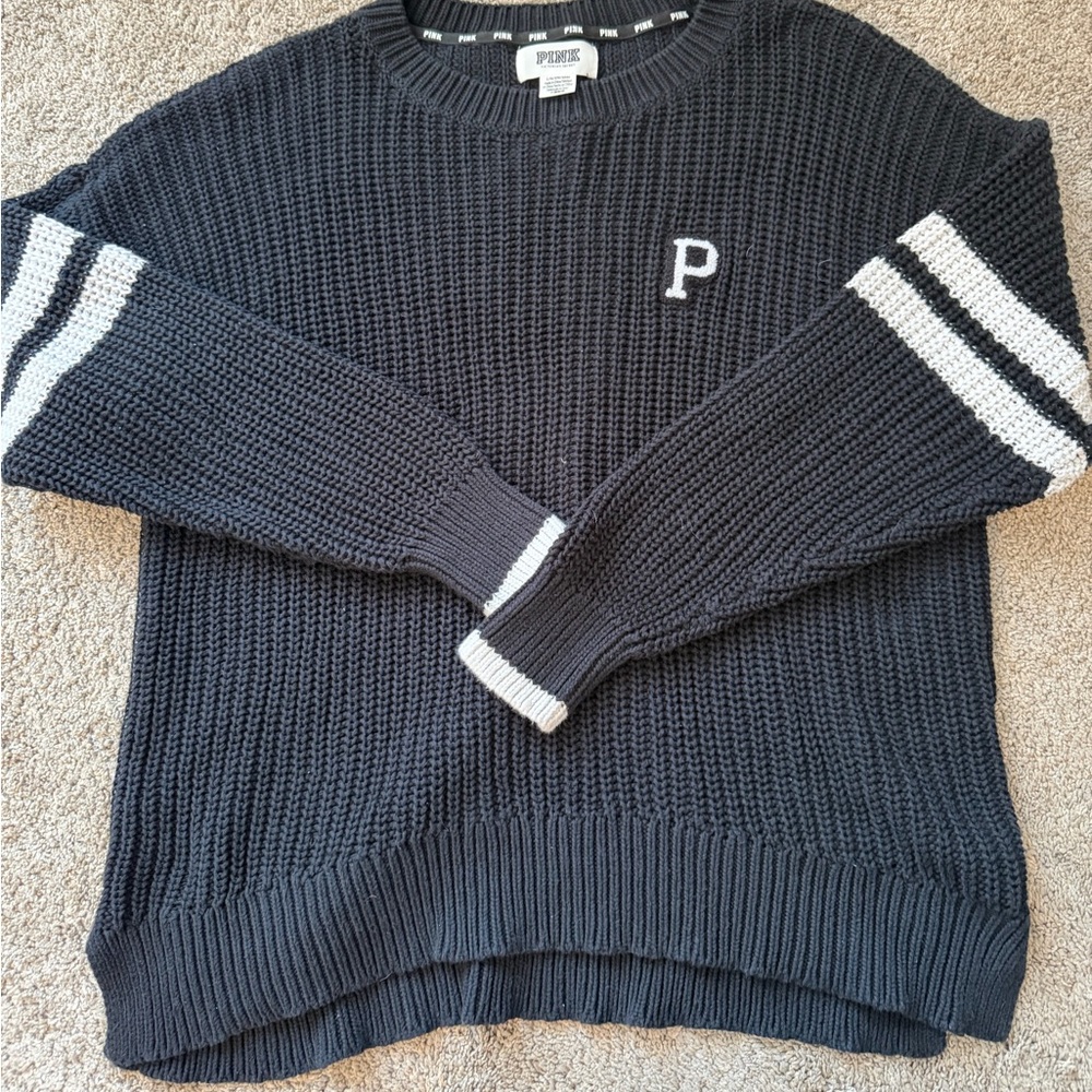 PINK black and white oversized cotton knit varsity sweater - size large